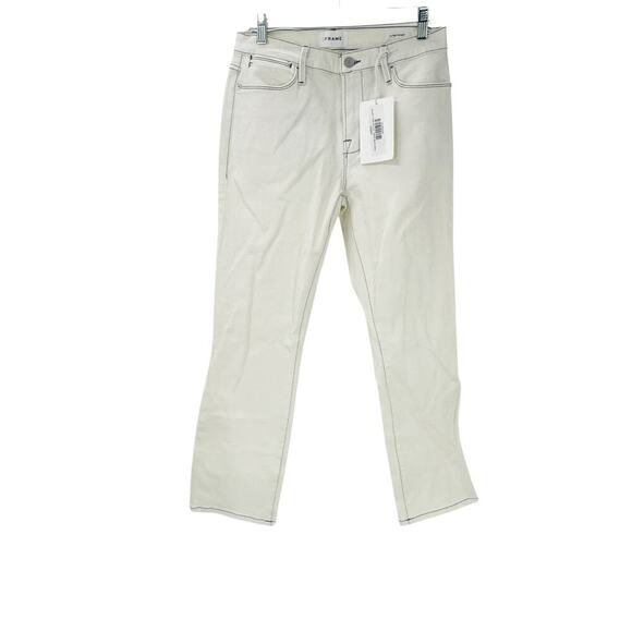 Frame Le High Rise Straight Jeans Stretch White Exposed Stitching Size 28 NWT - Picture 3 of 11